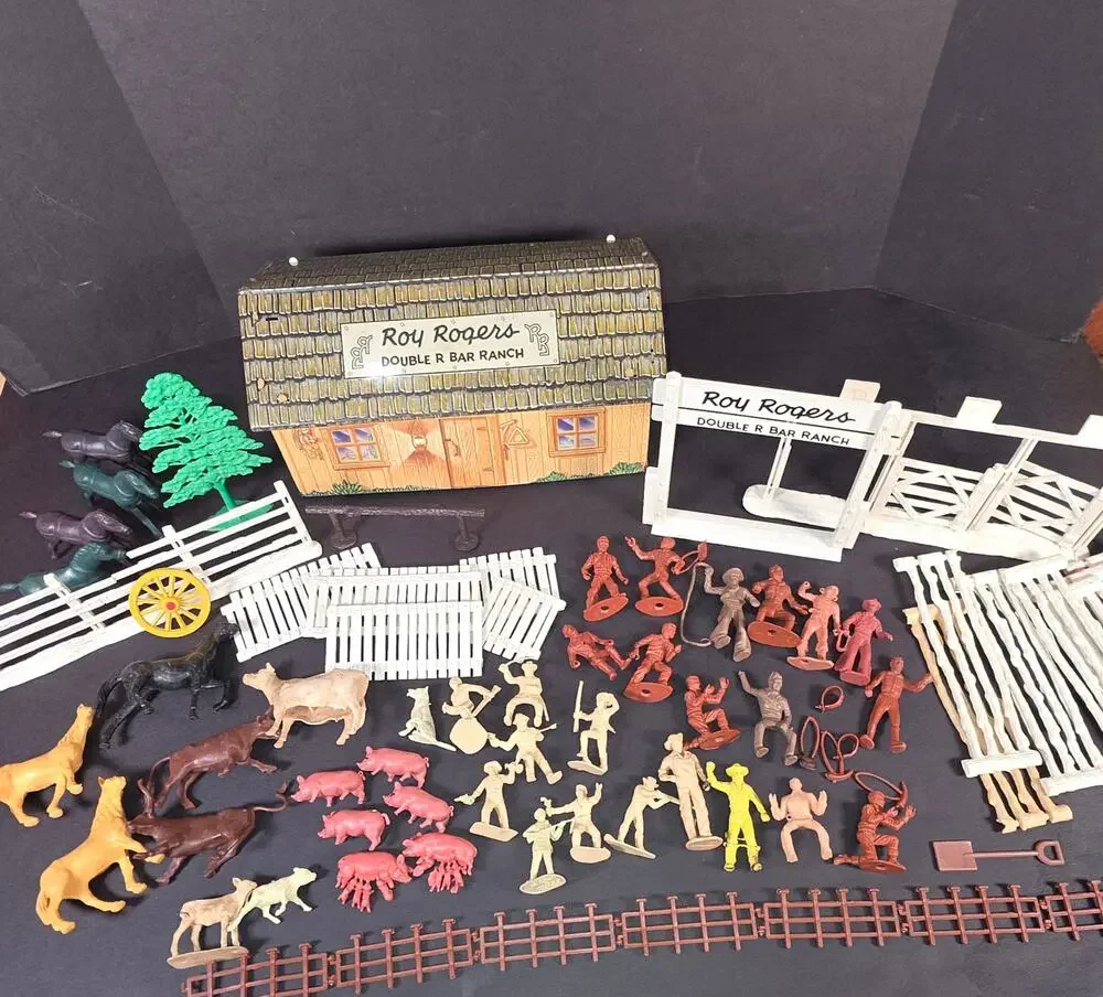 Vtg 1950s Roy Rogers Rodeo Ranch Marx Play Set Original Box & 75 Pieces Read